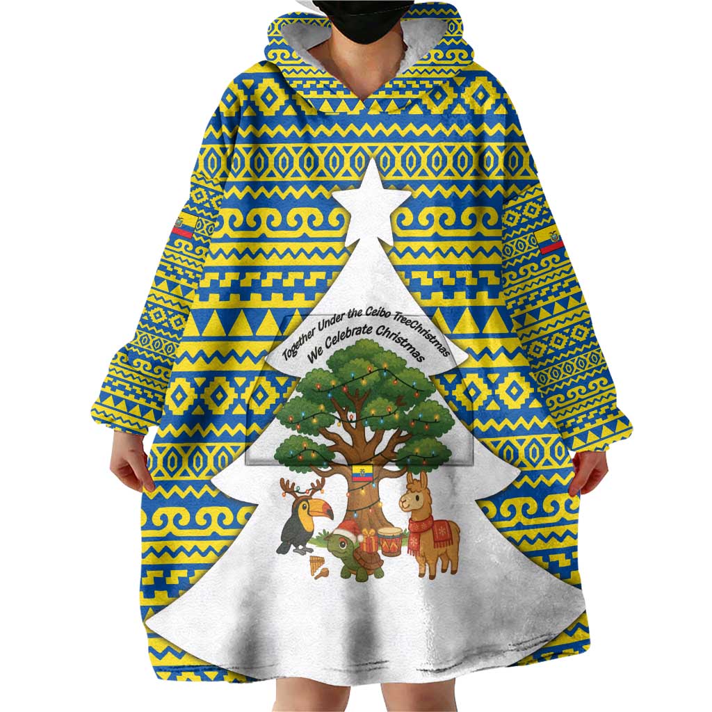 Ecuador Christmas Wearable Blanket Hoodie with Ceibo Tree Llama Toucan and Traditional Yellow Blue Pattern Design - Wonder Print Shop