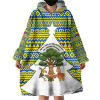 Ecuador Christmas Wearable Blanket Hoodie with Ceibo Tree Llama Toucan and Traditional Yellow Blue Pattern Design - Wonder Print Shop