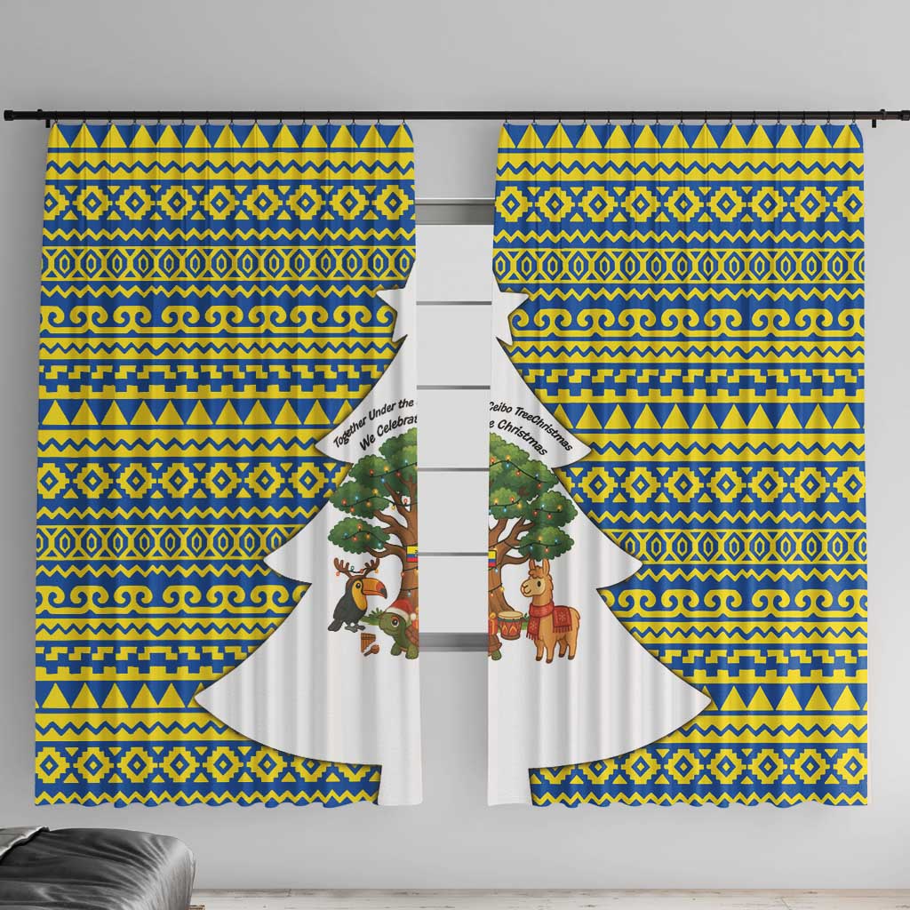 Ecuador Christmas Window Curtain with Ceibo Tree Llama Toucan and Traditional Yellow Blue Pattern Design - Wonder Print Shop