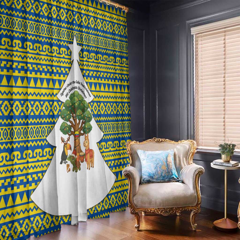 Ecuador Christmas Window Curtain with Ceibo Tree Llama Toucan and Traditional Yellow Blue Pattern Design - Wonder Print Shop