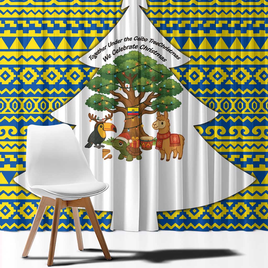 Ecuador Christmas Window Curtain with Ceibo Tree Llama Toucan and Traditional Yellow Blue Pattern Design - Wonder Print Shop