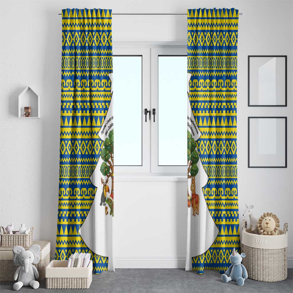 Ecuador Christmas Window Curtain with Ceibo Tree Llama Toucan and Traditional Yellow Blue Pattern Design - Wonder Print Shop