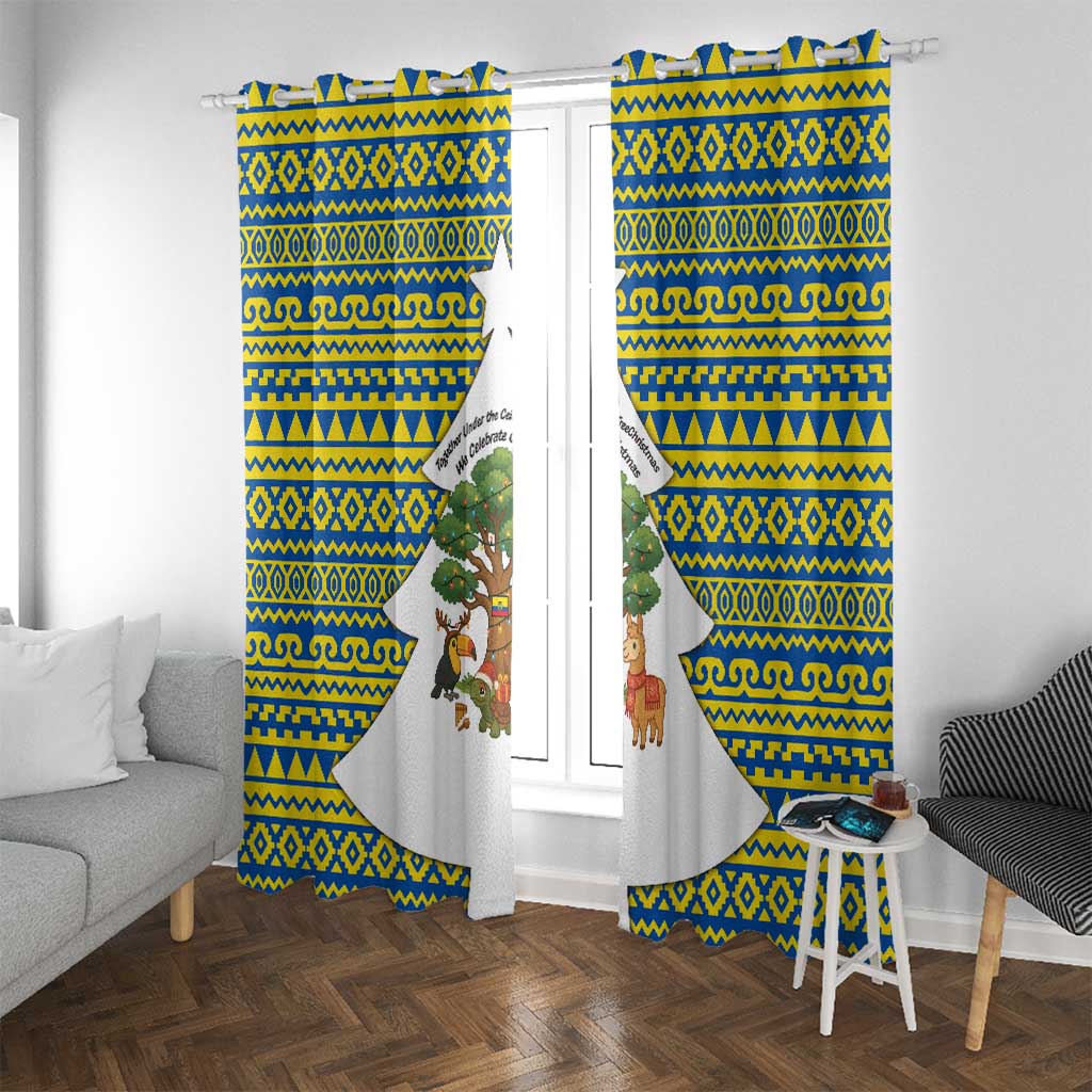 Ecuador Christmas Window Curtain with Ceibo Tree Llama Toucan and Traditional Yellow Blue Pattern Design - Wonder Print Shop