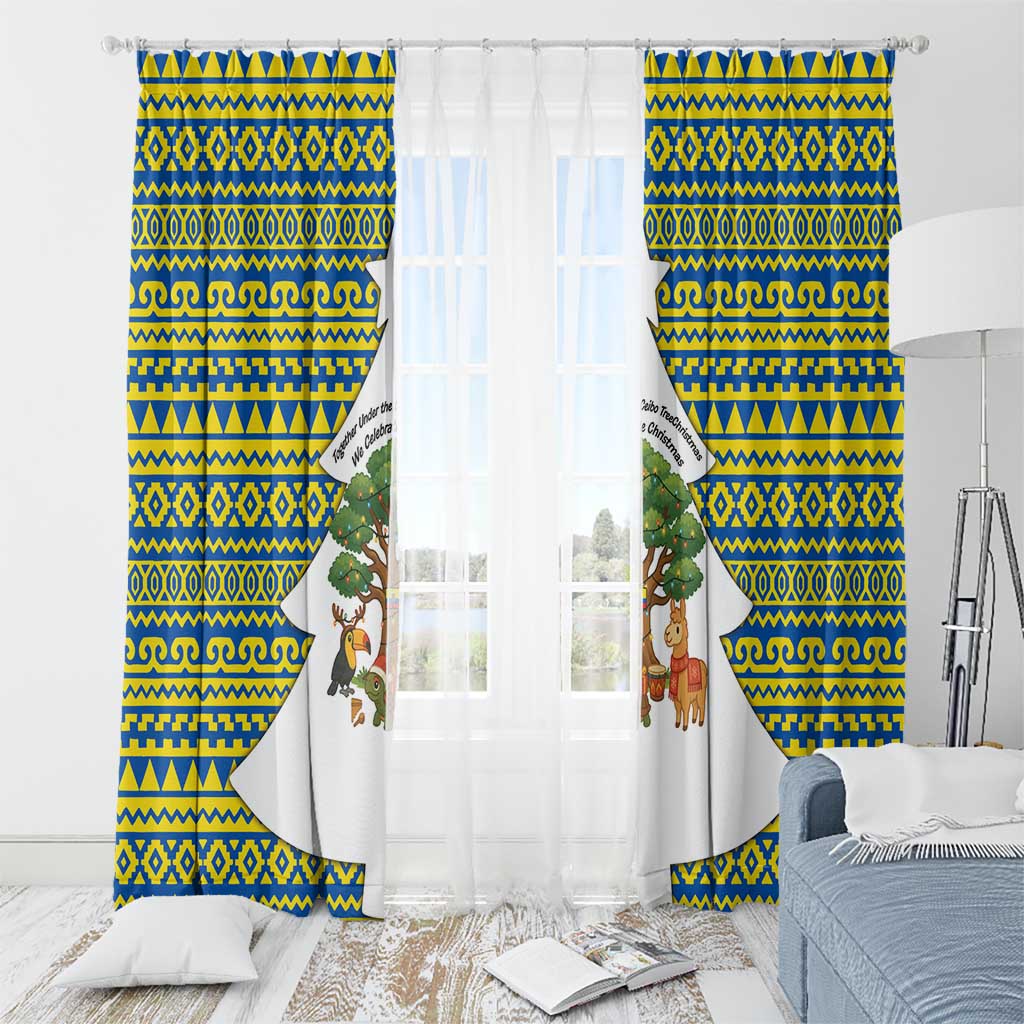 Ecuador Christmas Window Curtain with Ceibo Tree Llama Toucan and Traditional Yellow Blue Pattern Design - Wonder Print Shop