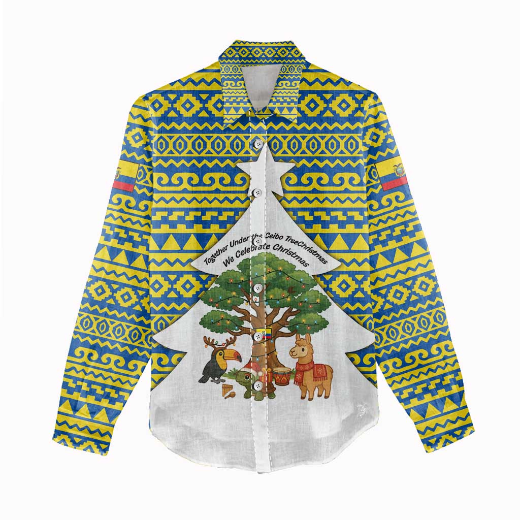 Ecuador Christmas Women Casual Shirt with Ceibo Tree Llama Toucan and Traditional Yellow Blue Pattern Design - Wonder Print Shop