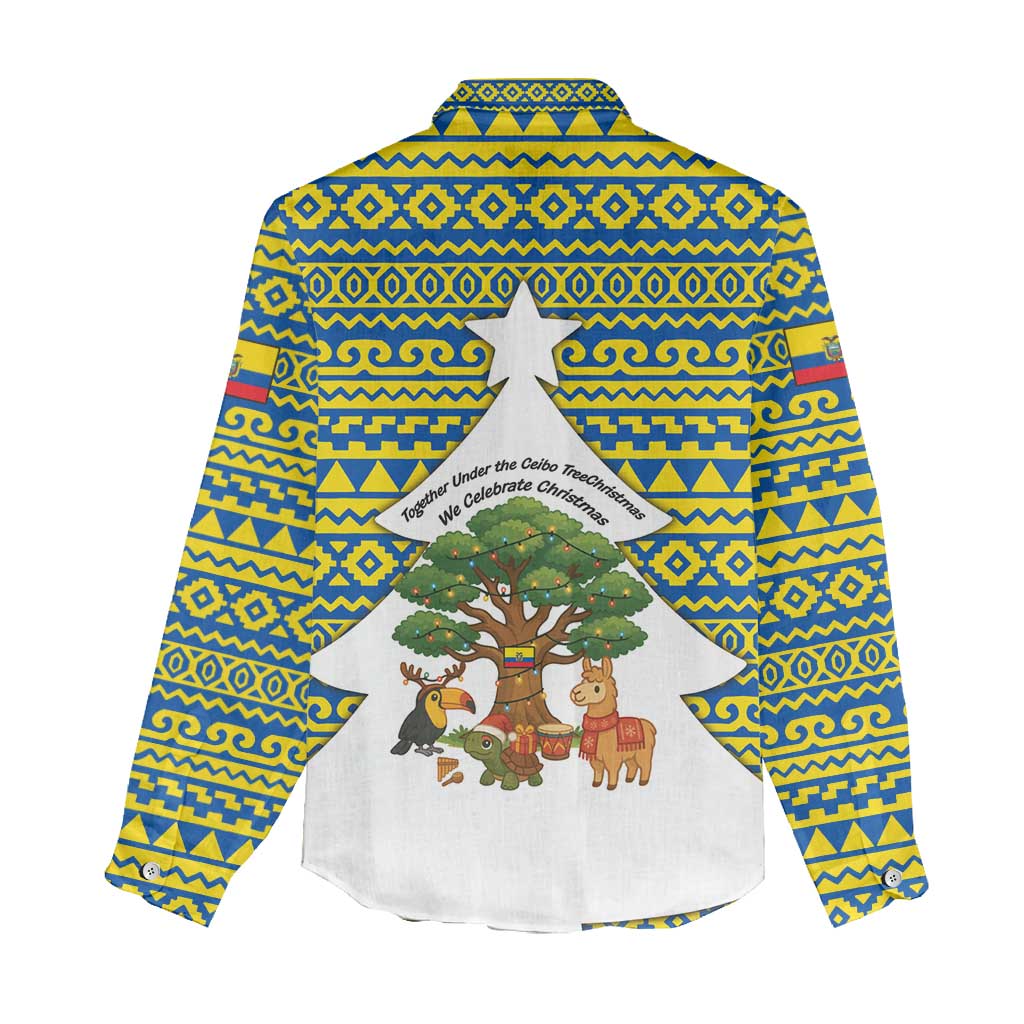 Ecuador Christmas Women Casual Shirt with Ceibo Tree Llama Toucan and Traditional Yellow Blue Pattern Design - Wonder Print Shop
