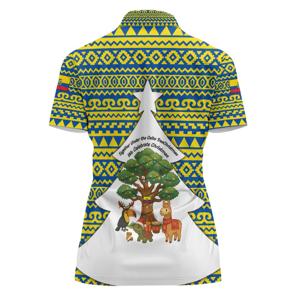 Ecuador Christmas Women Polo Shirt with Ceibo Tree Llama Toucan and Traditional Yellow Blue Pattern Design - Wonder Print Shop