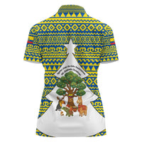 Ecuador Christmas Women Polo Shirt with Ceibo Tree Llama Toucan and Traditional Yellow Blue Pattern Design - Wonder Print Shop