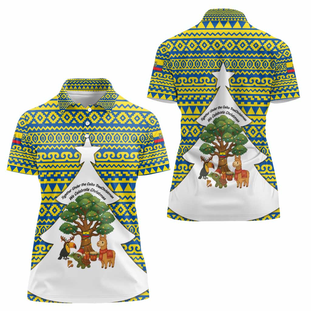 Ecuador Christmas Women Polo Shirt with Ceibo Tree Llama Toucan and Traditional Yellow Blue Pattern Design - Wonder Print Shop