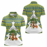 Ecuador Christmas Women Polo Shirt with Ceibo Tree Llama Toucan and Traditional Yellow Blue Pattern Design - Wonder Print Shop