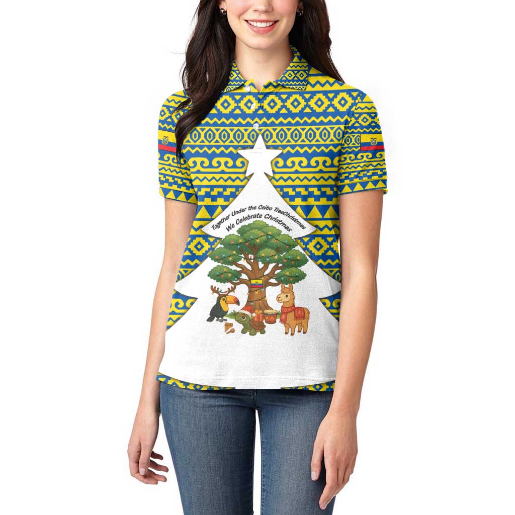 Ecuador Christmas Women Polo Shirt with Ceibo Tree Llama Toucan and Traditional Yellow Blue Pattern Design - Wonder Print Shop