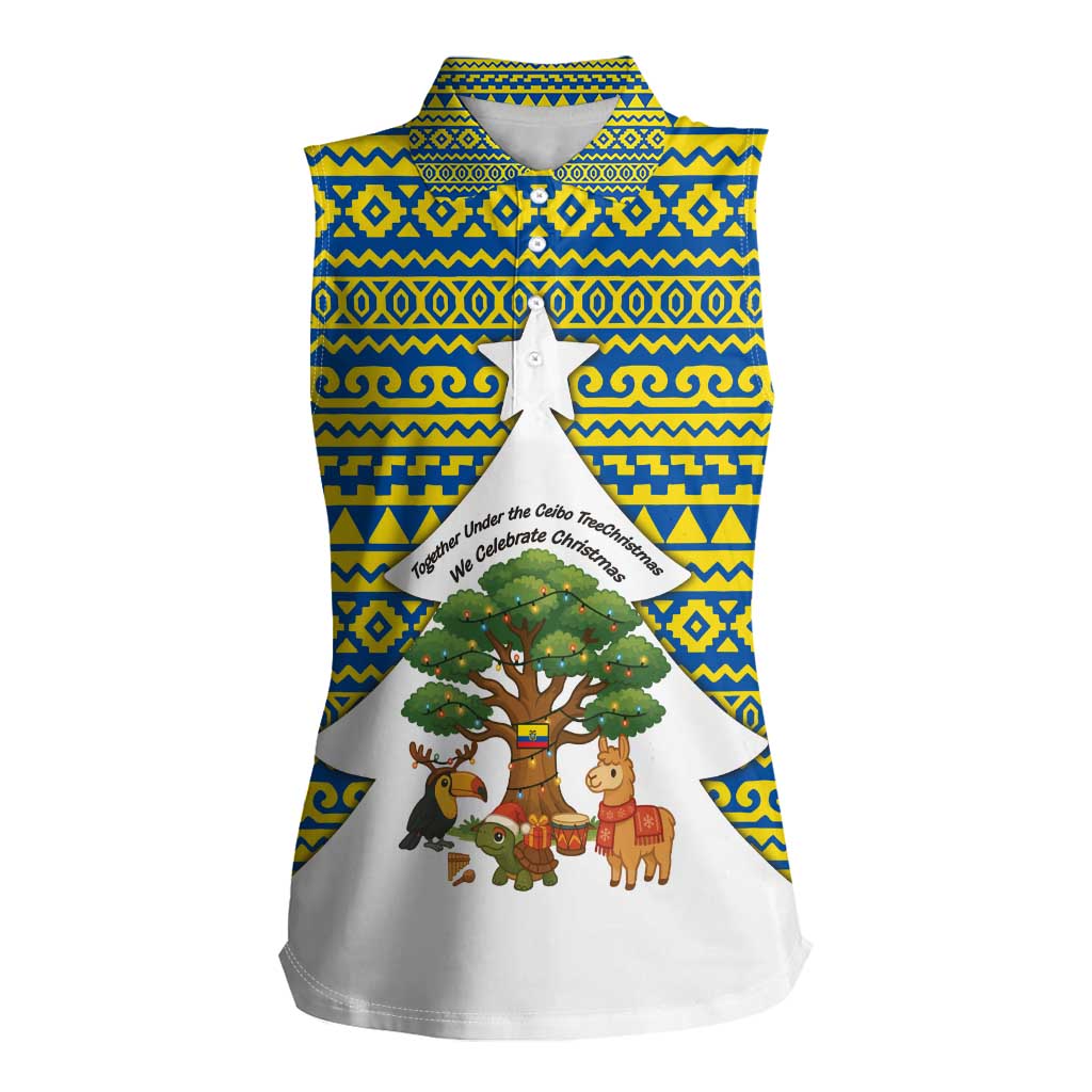 Ecuador Christmas Women Sleeveless Polo Shirt with Ceibo Tree Llama Toucan and Traditional Yellow Blue Pattern Design - Wonder Print Shop