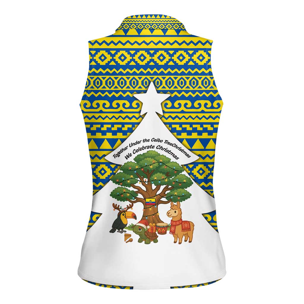Ecuador Christmas Women Sleeveless Polo Shirt with Ceibo Tree Llama Toucan and Traditional Yellow Blue Pattern Design - Wonder Print Shop