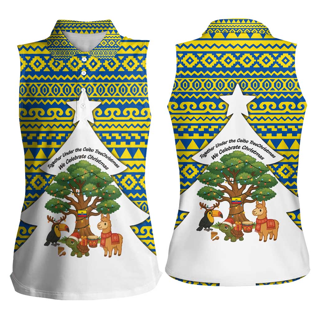 Ecuador Christmas Women Sleeveless Polo Shirt with Ceibo Tree Llama Toucan and Traditional Yellow Blue Pattern Design - Wonder Print Shop