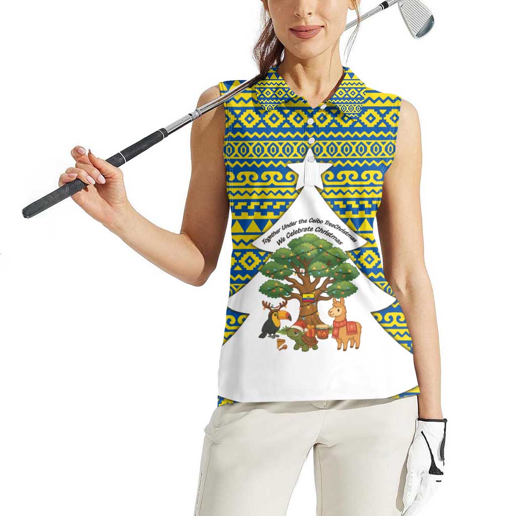 Ecuador Christmas Women Sleeveless Polo Shirt with Ceibo Tree Llama Toucan and Traditional Yellow Blue Pattern Design - Wonder Print Shop