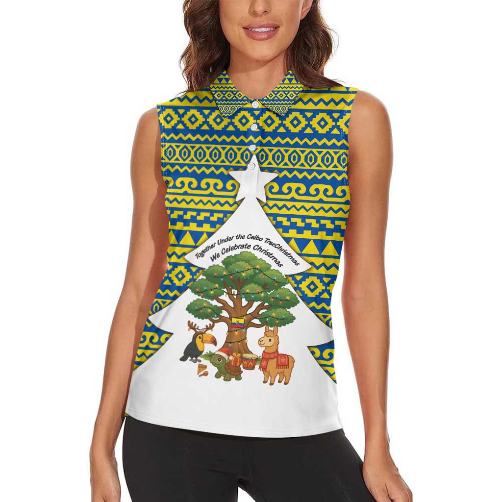 Ecuador Christmas Women Sleeveless Polo Shirt with Ceibo Tree Llama Toucan and Traditional Yellow Blue Pattern Design - Wonder Print Shop