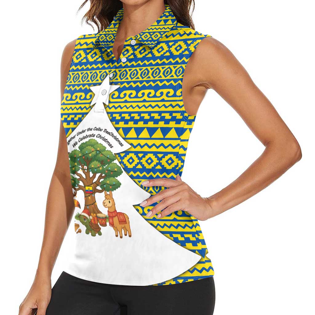 Ecuador Christmas Women Sleeveless Polo Shirt with Ceibo Tree Llama Toucan and Traditional Yellow Blue Pattern Design - Wonder Print Shop