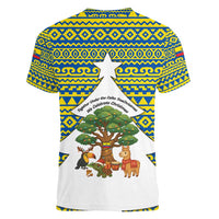 Ecuador Christmas Women V-Neck T-Shirt with Ceibo Tree Llama Toucan and Traditional Yellow Blue Pattern Design - Wonder Print Shop