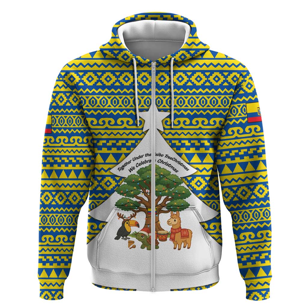 Ecuador Christmas Zip Hoodie with Ceibo Tree Llama Toucan and Traditional Yellow Blue Pattern Design - Wonder Print Shop