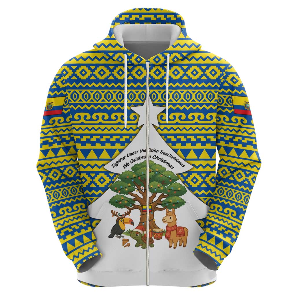Ecuador Christmas Zip Hoodie with Ceibo Tree Llama Toucan and Traditional Yellow Blue Pattern Design - Wonder Print Shop