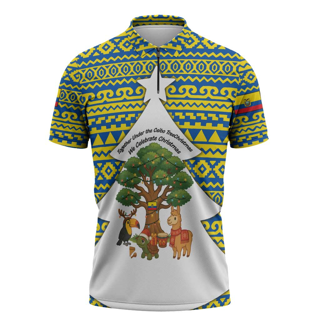 Ecuador Christmas Zipper Polo Shirt with Ceibo Tree Llama Toucan and Traditional Yellow Blue Pattern Design - Wonder Print Shop