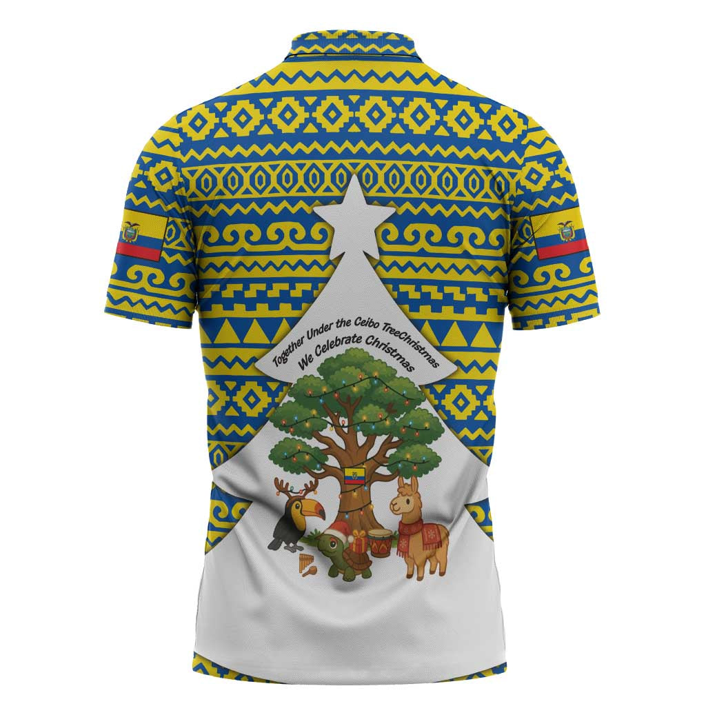 Ecuador Christmas Zipper Polo Shirt with Ceibo Tree Llama Toucan and Traditional Yellow Blue Pattern Design - Wonder Print Shop