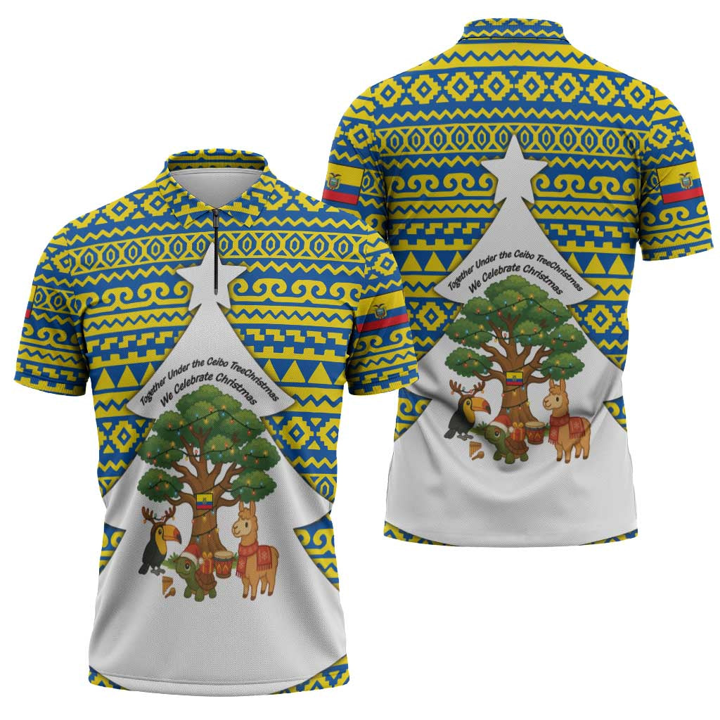 Ecuador Christmas Zipper Polo Shirt with Ceibo Tree Llama Toucan and Traditional Yellow Blue Pattern Design - Wonder Print Shop