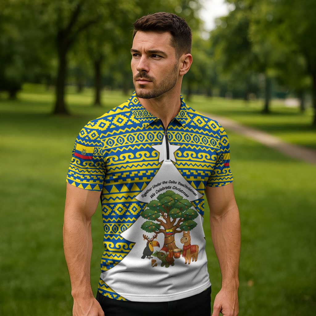 Ecuador Christmas Zipper Polo Shirt with Ceibo Tree Llama Toucan and Traditional Yellow Blue Pattern Design - Wonder Print Shop