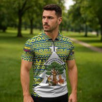 Ecuador Christmas Zipper Polo Shirt with Ceibo Tree Llama Toucan and Traditional Yellow Blue Pattern Design - Wonder Print Shop