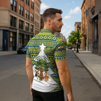 Ecuador Christmas Zipper Polo Shirt with Ceibo Tree Llama Toucan and Traditional Yellow Blue Pattern Design - Wonder Print Shop