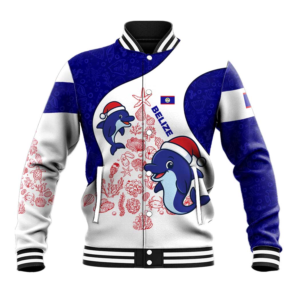 Belize Christmas Baseball Jacket with Santa Dolphins Coral Reef and Ocean Holiday Theme - Wonder Print Shop