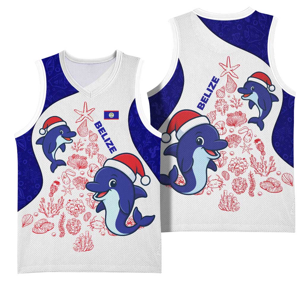Belize Christmas Basketball Jersey with Santa Dolphins Coral Reef and Ocean Holiday Theme - Wonder Print Shop