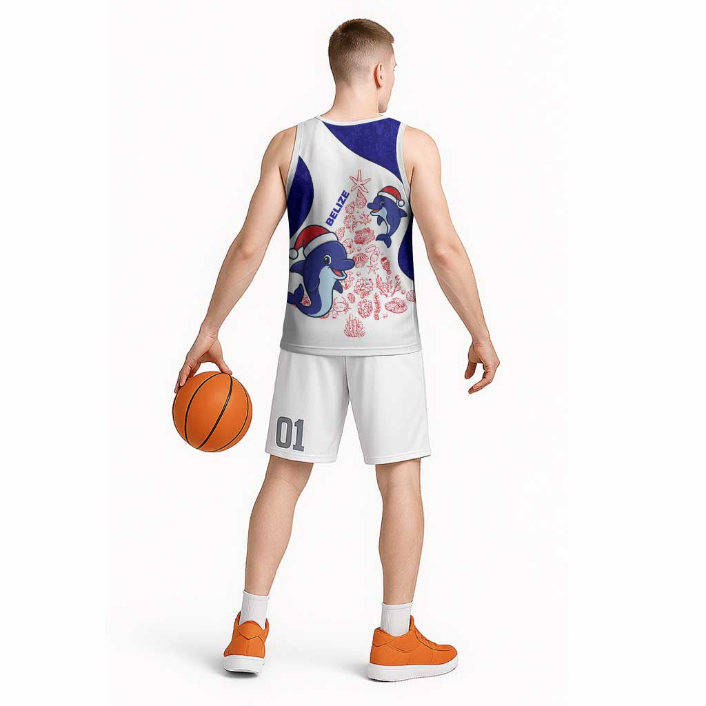 Belize Christmas Basketball Jersey with Santa Dolphins Coral Reef and Ocean Holiday Theme - Wonder Print Shop