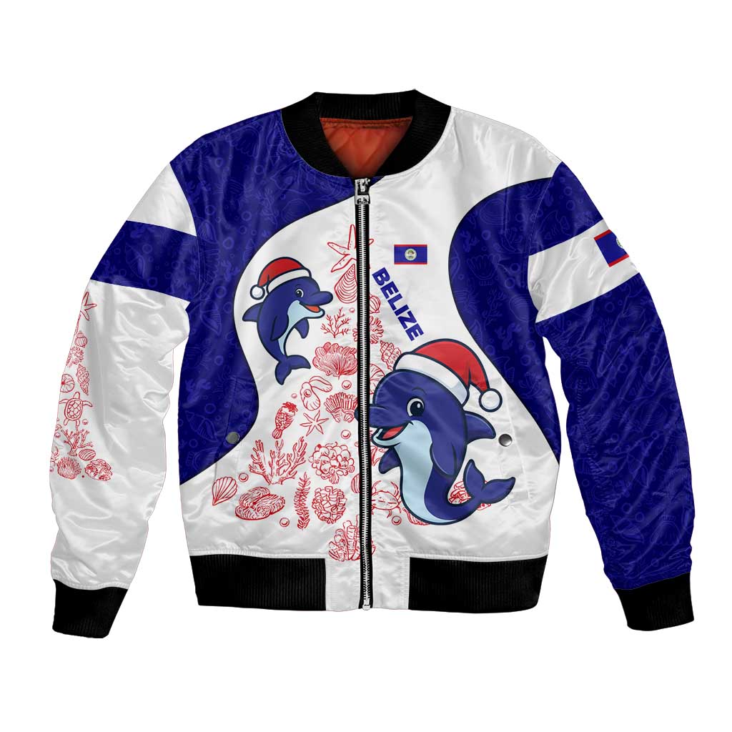 Belize Christmas Bomber Jacket with Santa Dolphins Coral Reef and Ocean Holiday Theme - Wonder Print Shop