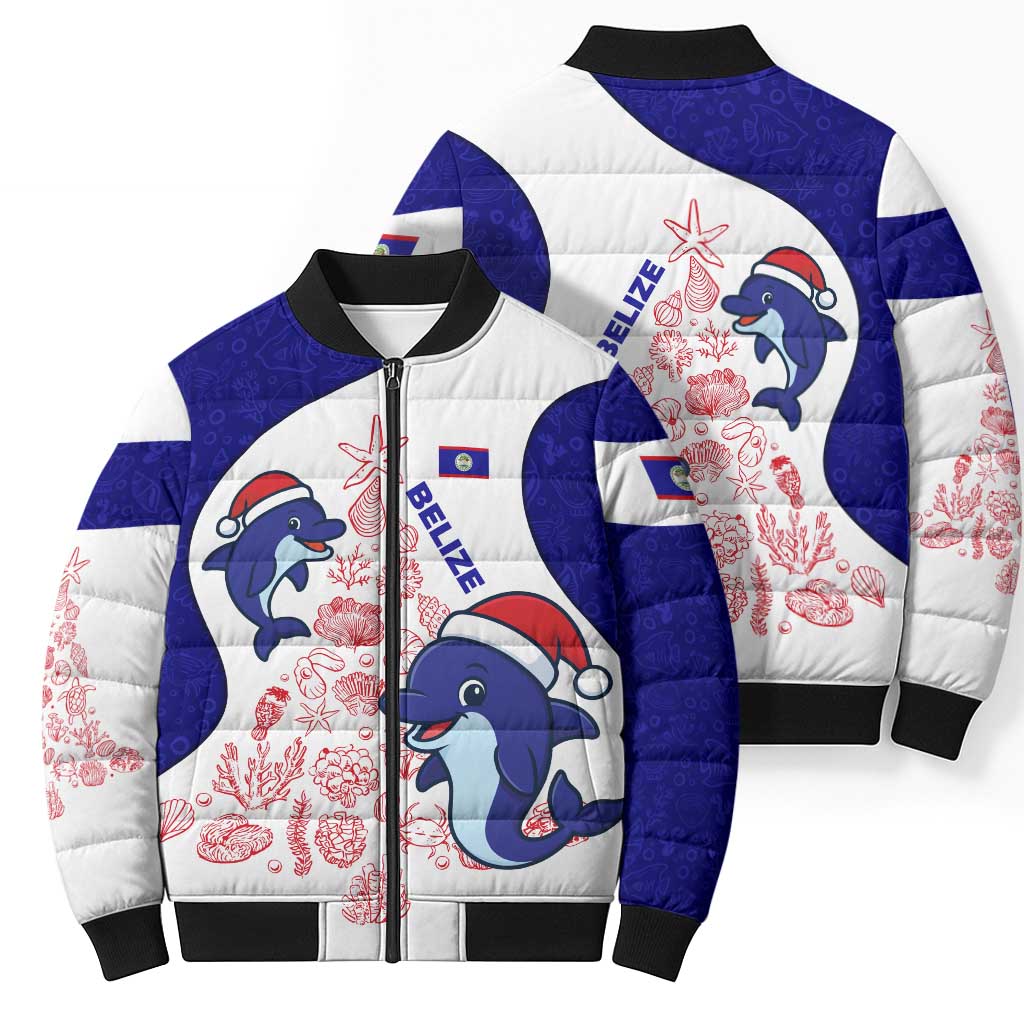 Belize Christmas Bomber Puffer Jacket with Santa Dolphins Coral Reef and Ocean Holiday Theme - Wonder Print Shop