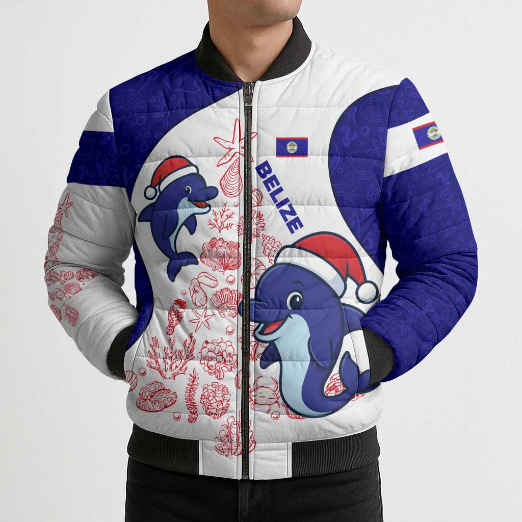 Belize Christmas Bomber Puffer Jacket with Santa Dolphins Coral Reef and Ocean Holiday Theme - Wonder Print Shop