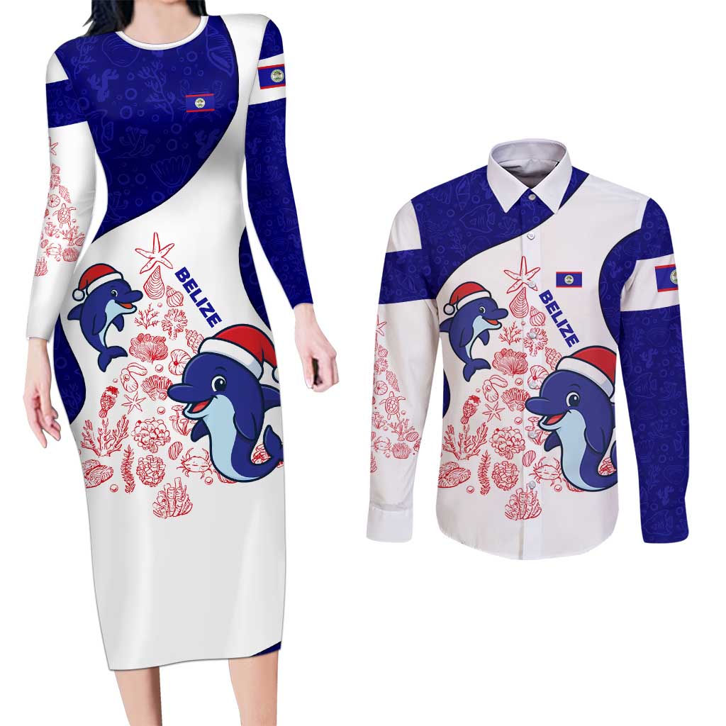 Belize Christmas Couples Matching Long Sleeve Bodycon Dress and Long Sleeve Button Shirt with Santa Dolphins Coral Reef and Ocean Holiday Theme - Wonder Print Shop