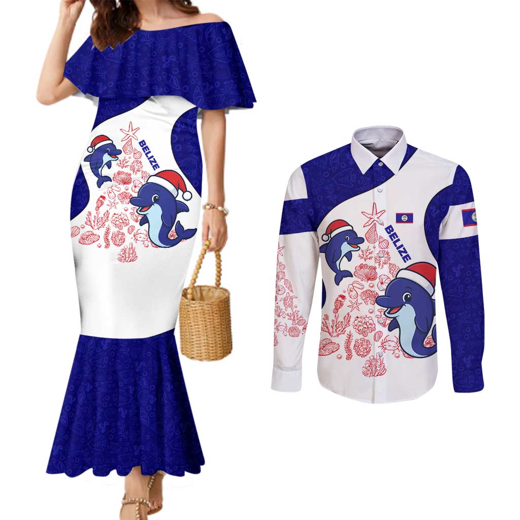 Belize Christmas Couples Matching Mermaid Dress and Long Sleeve Button Shirt with Santa Dolphins Coral Reef and Ocean Holiday Theme - Wonder Print Shop