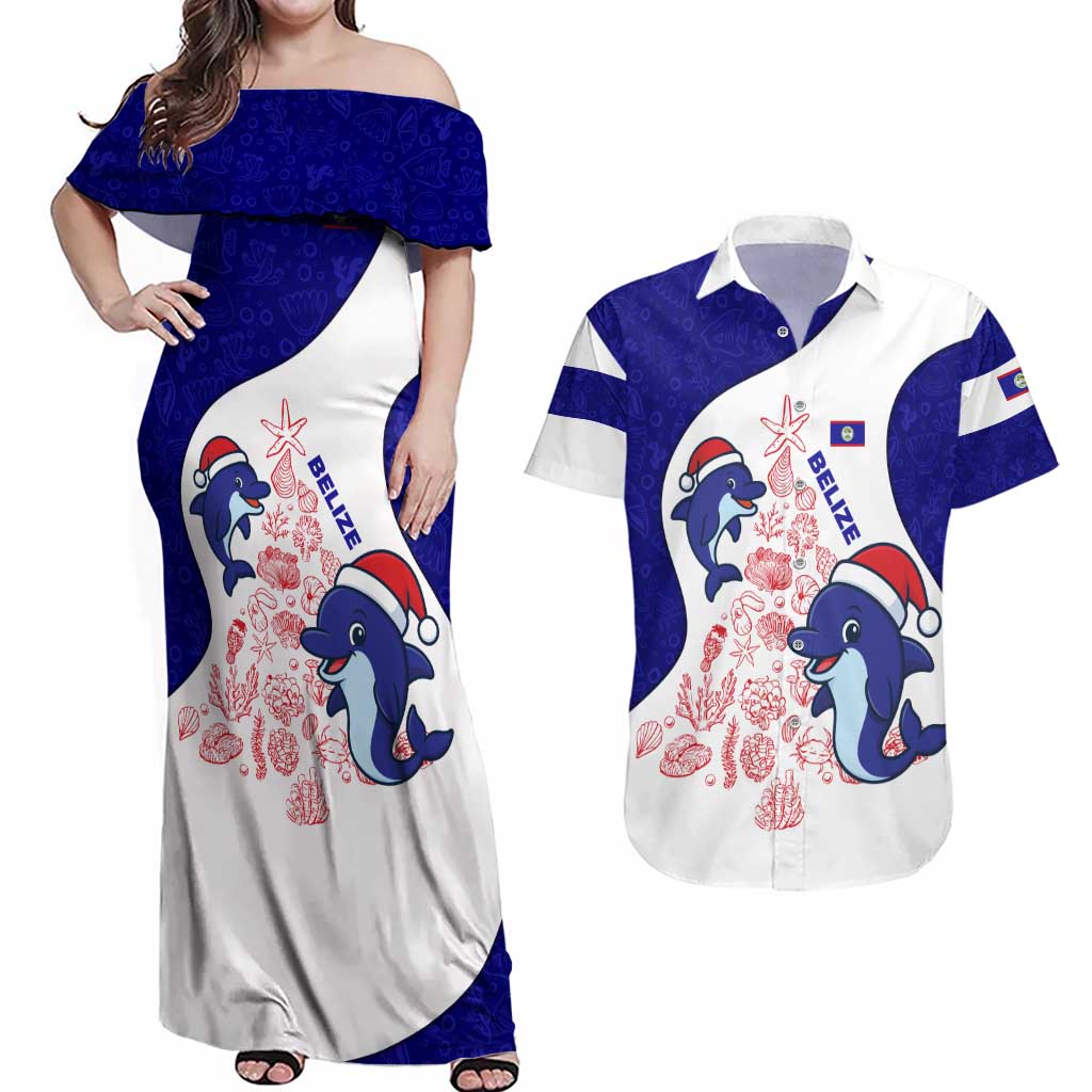 Belize Christmas Couples Matching Off Shoulder Maxi Dress and Hawaiian Shirt with Santa Dolphins Coral Reef and Ocean Holiday Theme - Wonder Print Shop