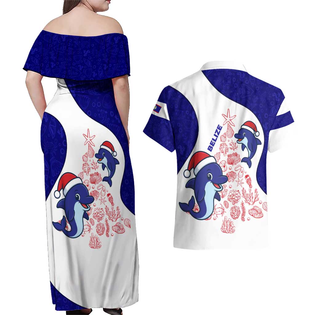 Belize Christmas Couples Matching Off Shoulder Maxi Dress and Hawaiian Shirt with Santa Dolphins Coral Reef and Ocean Holiday Theme - Wonder Print Shop