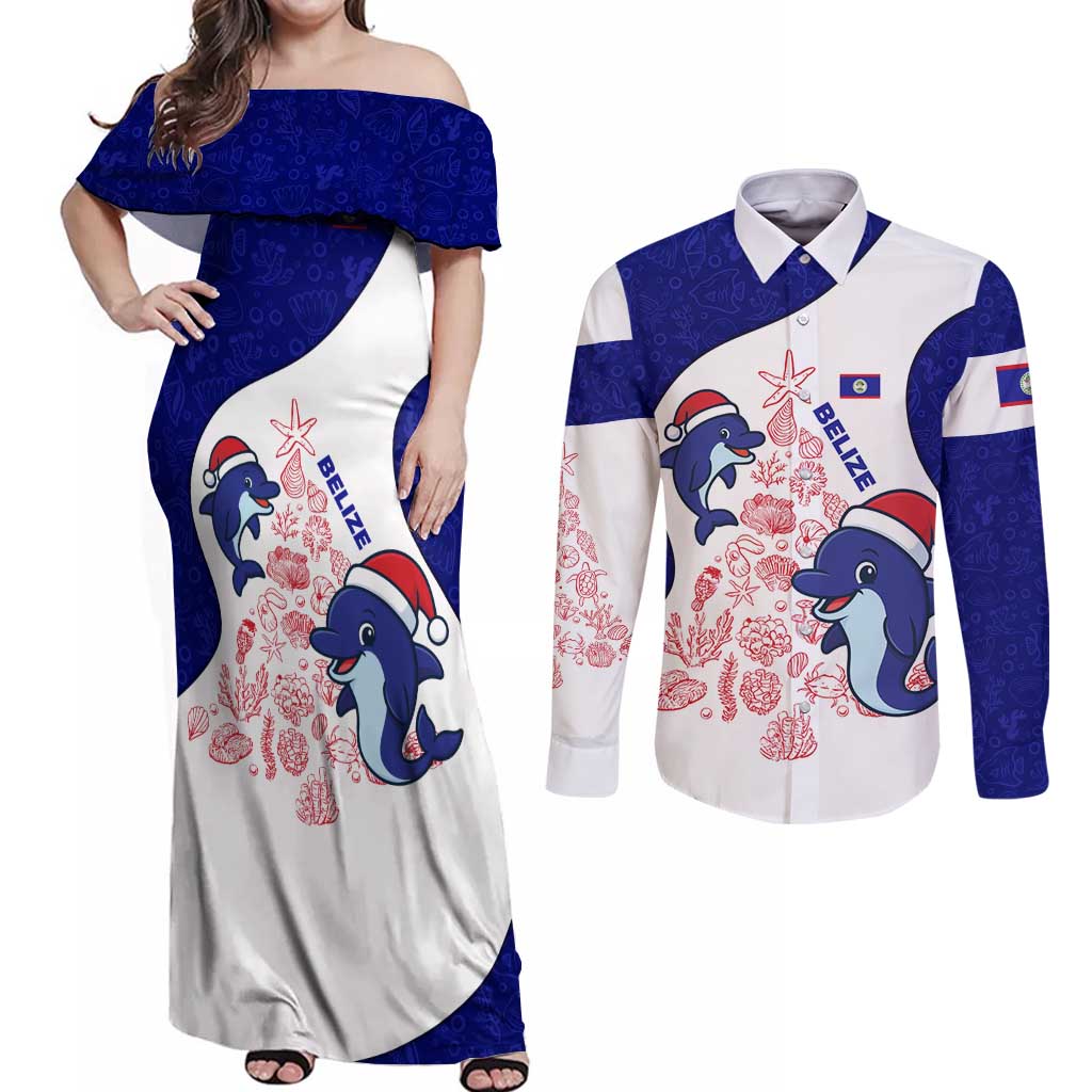 Belize Christmas Couples Matching Off Shoulder Maxi Dress and Long Sleeve Button Shirt with Santa Dolphins Coral Reef and Ocean Holiday Theme - Wonder Print Shop