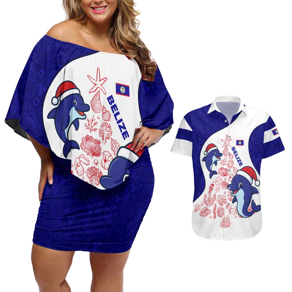 Belize Christmas Couples Matching Off Shoulder Short Dress and Hawaiian Shirt with Santa Dolphins Coral Reef and Ocean Holiday Theme - Wonder Print Shop