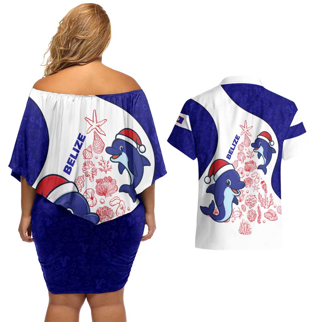 Belize Christmas Couples Matching Off Shoulder Short Dress and Hawaiian Shirt with Santa Dolphins Coral Reef and Ocean Holiday Theme - Wonder Print Shop