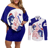 Belize Christmas Couples Matching Off Shoulder Short Dress and Long Sleeve Button Shirt with Santa Dolphins Coral Reef and Ocean Holiday Theme - Wonder Print Shop