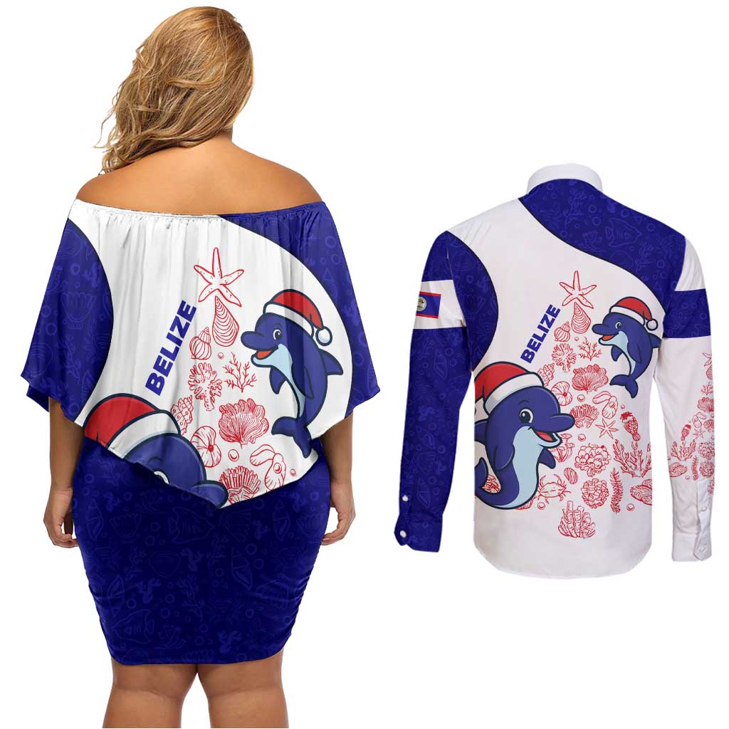 Belize Christmas Couples Matching Off Shoulder Short Dress and Long Sleeve Button Shirt with Santa Dolphins Coral Reef and Ocean Holiday Theme - Wonder Print Shop