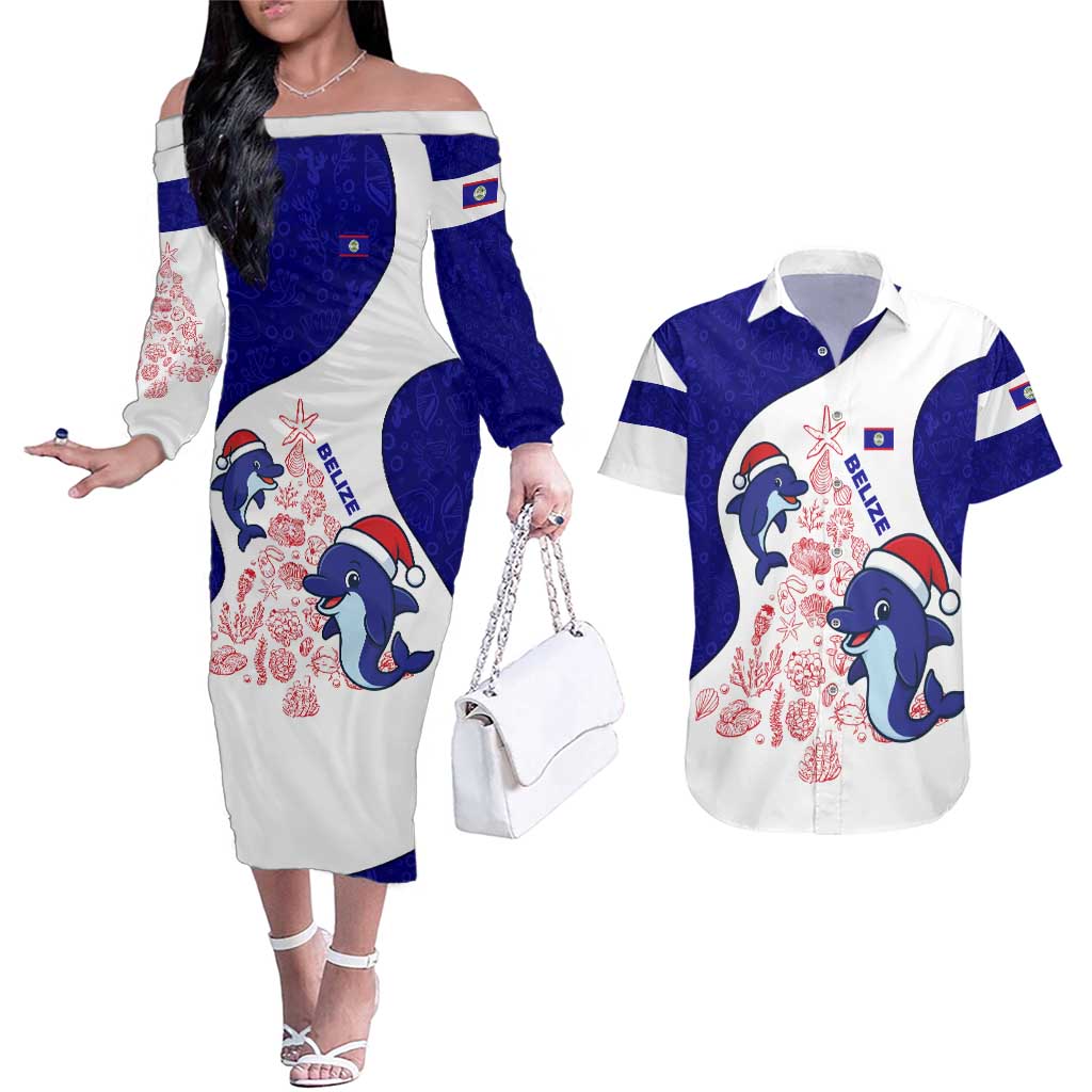 Belize Christmas Couples Matching Off The Shoulder Long Sleeve Dress and Hawaiian Shirt with Santa Dolphins Coral Reef and Ocean Holiday Theme - Wonder Print Shop