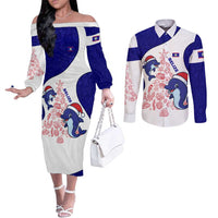 Belize Christmas Couples Matching Off The Shoulder Long Sleeve Dress and Long Sleeve Button Shirt with Santa Dolphins Coral Reef and Ocean Holiday Theme - Wonder Print Shop