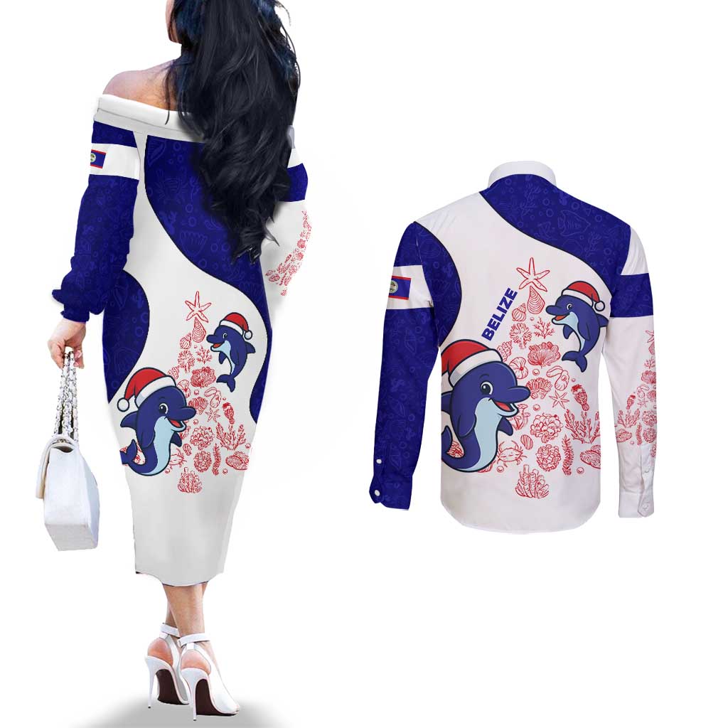 Belize Christmas Couples Matching Off The Shoulder Long Sleeve Dress and Long Sleeve Button Shirt with Santa Dolphins Coral Reef and Ocean Holiday Theme - Wonder Print Shop