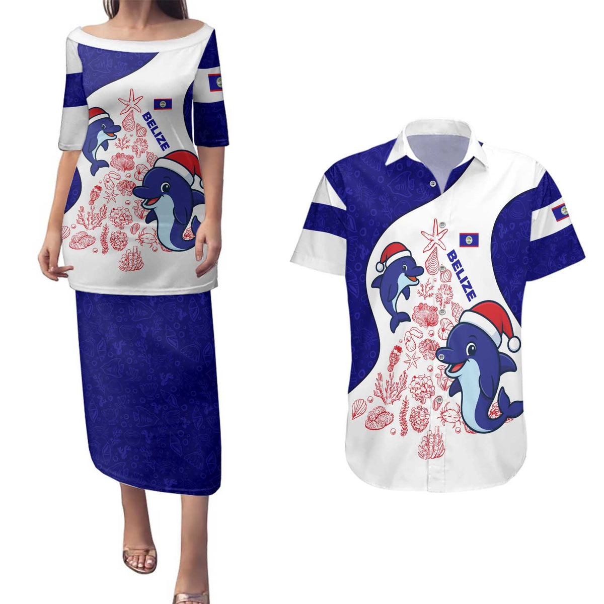 Belize Christmas Couples Matching Puletasi and Hawaiian Shirt with Santa Dolphins Coral Reef and Ocean Holiday Theme - Wonder Print Shop