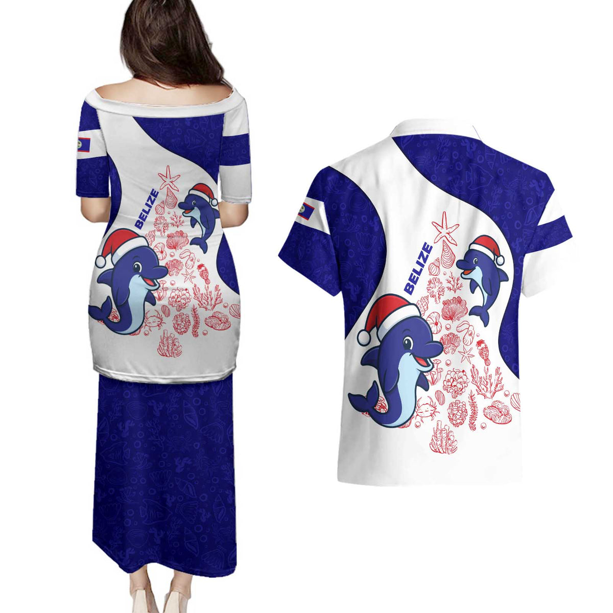 Belize Christmas Couples Matching Puletasi and Hawaiian Shirt with Santa Dolphins Coral Reef and Ocean Holiday Theme - Wonder Print Shop